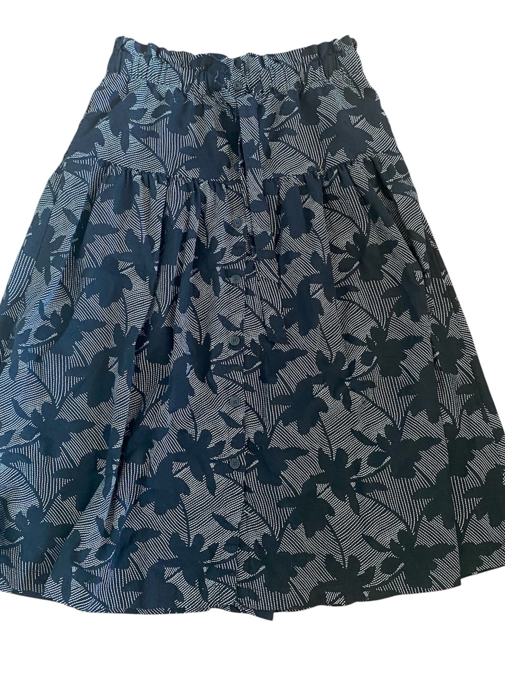 Floral Print Gathered Waist Skirt - Black & White - Linen blend